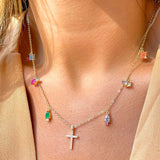 Necklace Colorful Crystal with White Zirconia Cross - 56cm